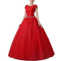 Brautkleid A-Linie Spitzen Hochzeitskleid Damen Maxi Kleider Lang Abendkleid Runde Ausschnitt Kurzarm Brautkleider,Rot,EU46 von YOUCAI
