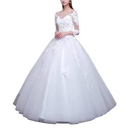 Damen Brautkleider Lang Spitzen Tüll Formellen Abendkleid Ballkleid Festkleider Hochzeitskleid A-Linie Prinzessin Brautkleid mit Ärmel,Weiss,EU46 von YOUCAI