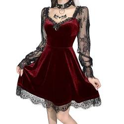 Damen Gothic Lolita-Kleid Langärmeliges mit Spitze Transparentes Dekoration Viktorianisches Cocktailkleid aus Samt in A-Linie im Retro-Stil Karneval Abendkleider Spitzenkleid JiuRot L von YOUCAI