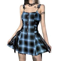 Damen Gothic Punk Kleid Elegantes Hosenträgerkleid Karo-Streifen-Reißverschluss-Design Ärmelloses Kariertes Lolita-Minikleid A-Linie Bodycon Kleider Blau M von YOUCAI