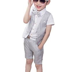 YOUCAI Anzug Kinder Jungen Einschulung Kleidung Set Gentleman Weste + Hemd + Shorts + Fliege 4Tlg Outfit Festliche Kleidung Set Hochzeit Anzüge Set,Grau1-4 STÜCKE,10-11 von YOUCAI