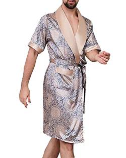 YOUCAI Herren Morgenmantel Kimono Bademantel Satin Lang Nachtwäsche Robe Gedruckt Strickjacke Japanische Pyjamas Nachtwäsche V Ausschnitt mit Taschen und Gürtel,Blau Golden,L von YOUCAI