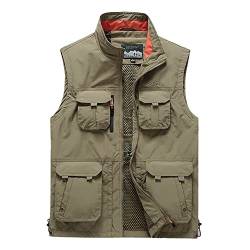 YOUCAI Herren Outdoor Weste mit Vielen Taschen Anglerweste Multifunktionsweste Für Jagd Angeln Camping Ärmellos Jacke Fotografie Wandern Weste,Khaki,M von YOUCAI