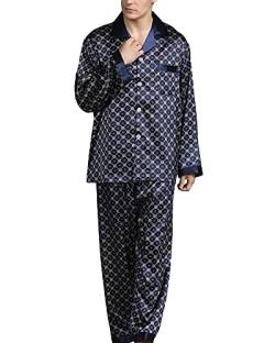 YOUCAI Herren Satin Pyjama Set,Zweiteiliger Bedruckt Schlafanzug Langarm Shirt und Pyjamahose,Frühling,Sommer Und Sommer Langarm-Anzug Plus Size Pyjama,Dunkel Blau,XL von YOUCAI