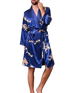 YOUCAI Satin Bademantel mit Hose Herren Seide Morgenmantel Leicht Kimono Lang Hausmantel Satin Robe Sommer Dünner Langärmeliger Pyjama,Blau,4XL von YOUCAI