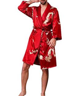 YOUCAI Satin Bademantel mit Hose Herren Seide Morgenmantel Leicht Kimono Lang Hausmantel Satin Robe Sommer Dünner Langärmeliger Pyjama,Rot,3XL von YOUCAI