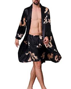 YOUCAI Satin Bademantel mit Hose Herren Seide Morgenmantel Leicht Kimono Lang Hausmantel Satin Robe Sommer Dünner Langärmeliger Pyjama,Schwarz,3XL von YOUCAI