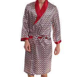 YOUCAI Schlafrock Kimono Herren Männer Pyjama Frühling Sommer Herbst Schlafanzug Satin Weich Gemütlich Lange Ärmel Sleepwear Modern Schlafshirt Casual Morgenmantel Sleepshirt,Rot,L von YOUCAI