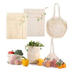 Netz-Einkaufstaschen – 8 Stück Netztaschen – elastische Netztasche – wiederverwendbare Einkaufstaschen für Lebensmittel, Obst und Gemüse, französische Markttasche von YOUGE