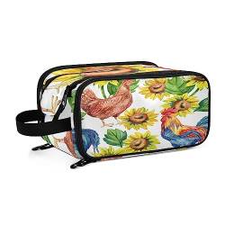 Kulturbeutel Weinlese-Sonnenblumen-Hahn-Huhn Große Kosmetiktasche Kulturtasche Waschtasche Make Up Tasche Waschbeutel Schminktasche für Damen Mädchen von YOUJUNER