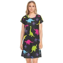 YOUJUNER Damen Nachthemden Buntes Dinosaurier-Muster Nachtwäsche Kurzarm Schlafshirt Sommer Sleepshirt Nachtkleid Schlafhemd von YOUJUNER