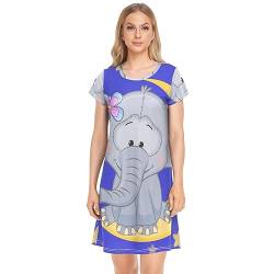 YOUJUNER Damen Nachthemden Cartoon-Elefant-Mond-Stern Nachtwäsche Kurzarm Schlafshirt Sommer Sleepshirt Nachtkleid Schlafhemd von YOUJUNER