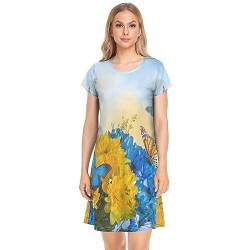 YOUJUNER Damen Nachthemden Gelber Blauer Blumen-Schmetterling Nachtwäsche Kurzarm Schlafshirt Sommer Sleepshirt Nachtkleid Schlafhemd von YOUJUNER