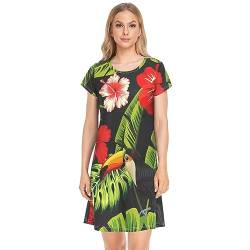 YOUJUNER Damen Nachthemden Tropische Blume Blätter Vogel Papagei Nachtwäsche Kurzarm Schlafshirt Sommer Sleepshirt Nachtkleid Schlafhemd von YOUJUNER