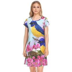 YOUJUNER Damen Nachthemden Vogel-Blume-Dekor Nachtwäsche Kurzarm Schlafshirt Sommer Sleepshirt Nachtkleid Schlafhemd von YOUJUNER