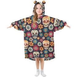 YOUJUNER Kinder Übergroße Decke Hoodie, Floral Sugar Skull Warm Fleece Hoodie Decke Plüsch Tragbare Decke Hoodie Sweatshirt Pullover für Jungen Mädchen, mehrfarbig, 14 Jahre von YOUJUNER