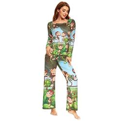 YOUJUNER Pyjama-Sets für Damen, Cartoon-Set mit niedlichem Affen, langärmelig, Nachtwäsche, Loungewear-Set, mehrfarbig, 42 von YOUJUNER