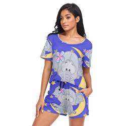 YOUJUNER Schlafanzug Damen Kurz Cartoon-Elefant-Mond-Stern Pyjama Set Sommer Kurzarm Pyjamaset Nachtwäsche Zweiteiliger Hausanzug Sleepwear Loungewear von YOUJUNER