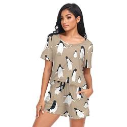 YOUJUNER Schlafanzug Damen Kurz Nettes Pinguin-Muster Pyjama Set Sommer Kurzarm Pyjamaset Nachtwäsche Zweiteiliger Hausanzug Sleepwear Loungewear von YOUJUNER