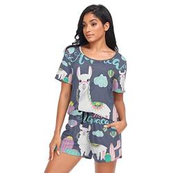 YOUJUNER Schlafanzug Damen Kurz Niedlicher Alpaka-Lama-Druck Pyjama Set Sommer Kurzarm Pyjamaset Nachtwäsche Zweiteiliger Hausanzug Sleepwear Loungewear von YOUJUNER