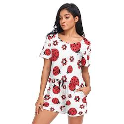 YOUJUNER Schlafanzug Damen Kurz Roter Marienkäfer Pyjama Set Sommer Kurzarm Pyjamaset Nachtwäsche Zweiteiliger Hausanzug Sleepwear Loungewear von YOUJUNER