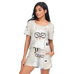 YOUJUNER Schlafanzug Damen Kurz Süßes Lama Alpaka Pyjama Set Sommer Kurzarm Pyjamaset Nachtwäsche Zweiteiliger Hausanzug Sleepwear Loungewear von YOUJUNER