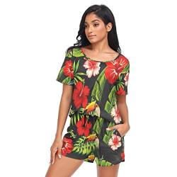 YOUJUNER Schlafanzug Damen Kurz Tropische Blume Blätter Vogel Papagei Pyjama Set Sommer Kurzarm Pyjamaset Nachtwäsche Zweiteiliger Hausanzug Sleepwear Loungewear von YOUJUNER