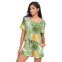 YOUJUNER Schlafanzug Damen Kurz Tropische Palmblätter Ananas Pyjama Set Sommer Kurzarm Pyjamaset Nachtwäsche Zweiteiliger Hausanzug Sleepwear Loungewear von YOUJUNER