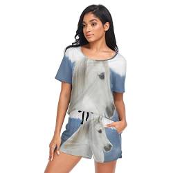 YOUJUNER Schlafanzug Damen Kurz Weißes Pferd Pyjama Set Sommer Kurzarm Pyjamaset Nachtwäsche Zweiteiliger Hausanzug Sleepwear Loungewear von YOUJUNER