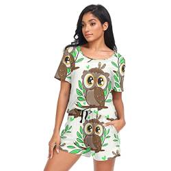 YOUJUNER Schlafanzug Damen Kurz süße Eulen-Vogel-Muster Pyjama Set Sommer Kurzarm Pyjamaset Nachtwäsche Zweiteiliger Hausanzug Sleepwear Loungewear von YOUJUNER