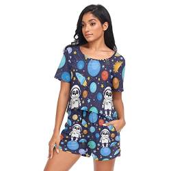 YOUJUNER Schlafanzug Damen Kurz süßer Panda Astronauten Weltraumplaneten Pyjama Set Sommer Kurzarm Pyjamaset Nachtwäsche Zweiteiliger Hausanzug Sleepwear Loungewear von YOUJUNER