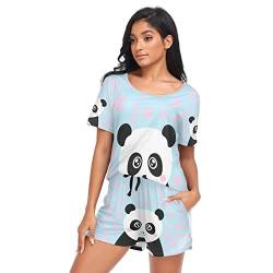 YOUJUNER Schlafanzug Damen Kurz süßer Panda-Liebe Pyjama Set Sommer Kurzarm Pyjamaset Nachtwäsche Zweiteiliger Hausanzug Sleepwear Loungewear von YOUJUNER