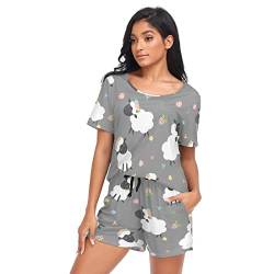 YOUJUNER Schlafanzug Damen Kurz süßes Schaf-Muster Pyjama Set Sommer Kurzarm Pyjamaset Nachtwäsche Zweiteiliger Hausanzug Sleepwear Loungewear von YOUJUNER