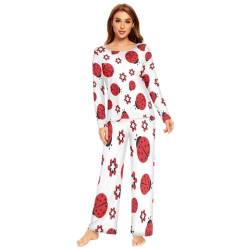 YOUJUNER Schlafanzug Damen Lang Roter Marienkäfer Pyjama Damen Langarm Pyjamaset Nachtwäsche Zweiteiliger Hausanzug Sleepwear von YOUJUNER