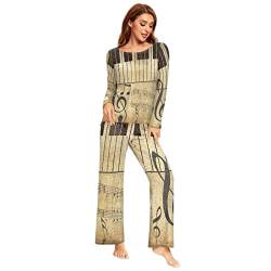 YOUJUNER Schlafanzug Damen Lang Vintage Music Note Klavier Pyjama Damen Langarm Pyjamaset Nachtwäsche Zweiteiliger Hausanzug Sleepwear von YOUJUNER