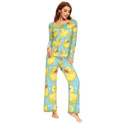 YOUJUNER Schlafanzug Damen Lang süßer Gelbe Enten Pyjama Damen Langarm Pyjamaset Nachtwäsche Zweiteiliger Hausanzug Sleepwear von YOUJUNER