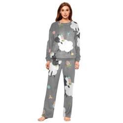 YOUJUNER Schlafanzug Damen süßes Schaf-Muster Lang Fleece Pyjama Damen Langarm Pyjamaset Winter Nachtwäsche Zweiteiliger Hausanzug Sleepwear von YOUJUNER