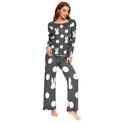 YOUJUNER Schlafanzug-Set für Damen, Kaninchen, weiß, gepunktet, langärmelig, Nachtwäsche, Loungewear-Set, Pyjama-Set, mehrfarbig, 42 von YOUJUNER