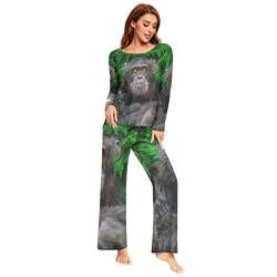 YOUJUNER Schlafanzug-Set für Damen, lustiges Gorilla-Affe, langärmelig, Nachtwäsche, Loungewear-Set, Pyjama-Set, mehrfarbig, 48 von YOUJUNER