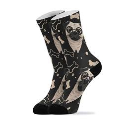 YOUJUNER Socken mit niedlichem Mops-Hunde-Muster, für Herren und Damen, hohe Knöchelsocken, Rundhalsausschnitt, lange Socken, 1 Paar, mehrfarbig, M von YOUJUNER