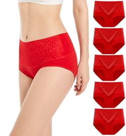 YOULEHE Unterhosen Damen Baumwolle Hohe Taille Weich Atmungsaktiv Unterwäsche (Rot 5er Pack-01, 3XL) von YOULEHE