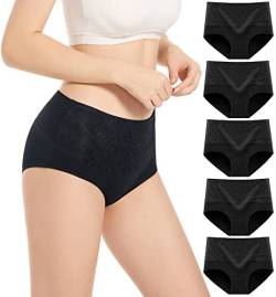 YOULEHE Unterhosen Damen Baumwolle Hohe Taille Weich Atmungsaktiv Unterwäsche (Schwarz 5er Pack-01, L) von YOULEHE