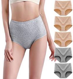 YOULEHE Unterhosen Damen Baumwolle Hohe Taille Weich Atmungsaktiv Unterwäsche (as3, Alpha, s, Grau Beige-5er Pack-01) von YOULEHE