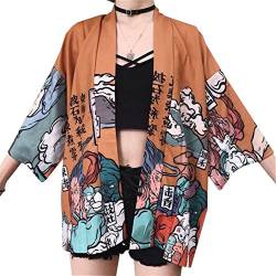 YOUMU Damen Sommer Lange Japanische Kimono Strickjacke Süße Katze Outwear Mantel Tops (Gelb, Einheitsgröße) von YOUMU