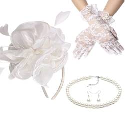 YOUNAFEN Fascinator-Set für Damen, elegante Perlen, Opern-Halskette, Ohrringe, Spitzen-Handschuhe, 1920er-Jahre-Stil, vielseitige Kopfbedeckung von YOUNAFEN