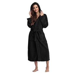 YOUNGC Damen Pyjama Flanell Frauen Kapuze Fleece Bademantel Leicht Weich Plüsch Roben Lange Flanell Nachtwäsche Fleece Kapuze Bademantel Plüsch Lange Robe Sweatsuit Outfit, Schwarz , 34 von YOUNGC