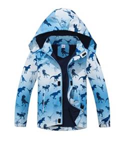 YOUNGSOUL Jungen Gefütterte Regenjacke Dinosaurier Kinder Übergangsjacke Wasserdicht Winddicht Softshelljacke Dino Blau DE: 146-152 (Herstellergröße 150) von YOUNGSOUL