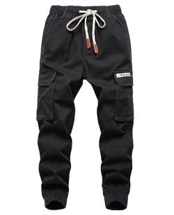 YOUNGSOUL Jungen Jogger Hose Slim Fit Stretch Kinder Cargo Jogginghose mit Gummizug Schwarz 164-170/Größe 170 von YOUNGSOUL