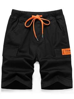 YOUNGSOUL Jungen Kurze Hosen Kinder Cargo Shorts Sommer Freizeithose Bermudas mit Kontrastierendem Kordelzug Schwarz 2/134-140/Größe 140 von YOUNGSOUL