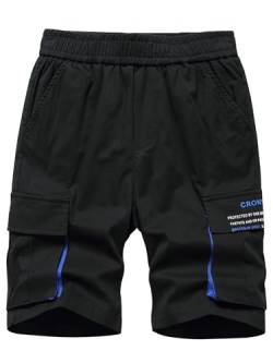 YOUNGSOUL Jungen Kurze Hosen Kinder Cargoshorts Sommer Shorts Freizeithose Gummibund Bermudas mit Kontrasttaschen Schwarz 122-128/Größe 130 von YOUNGSOUL